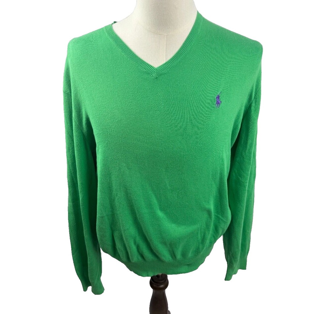 Polo Ralph Lauren Mens Green Pima Cotton V-Neck Sweater Purple Pony Large